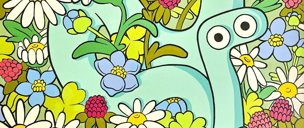 Detail of Pure Temptations: a mint green Yoodle among daisies, clover and blue flowers