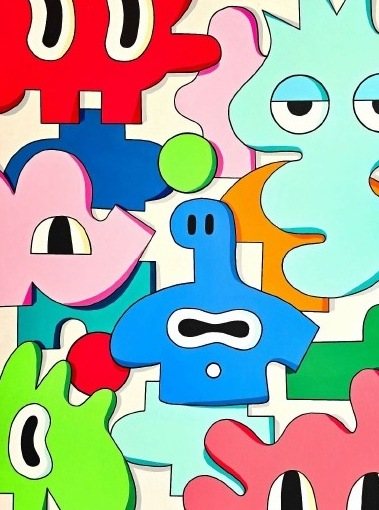 Abstract Dreams: Interlocking Yoodle shapes in red, pink, mint and blue