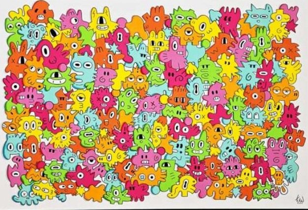 Citrus Symphony: A wide canvas packed with bright, grinning Yoodle characters
