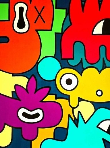 Misdirection I: Bold interlocking Yoodle shapes in red, yellow, cyan and purple