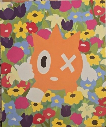 Floral Dopamine: An orange Yoodle with a crossed eye among tulips and roses