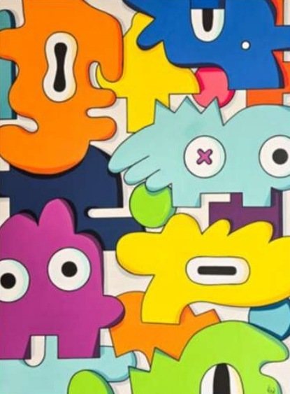 Reaching Out: Interlocking colourful Yoodle shapes in orange, blue, purple and green